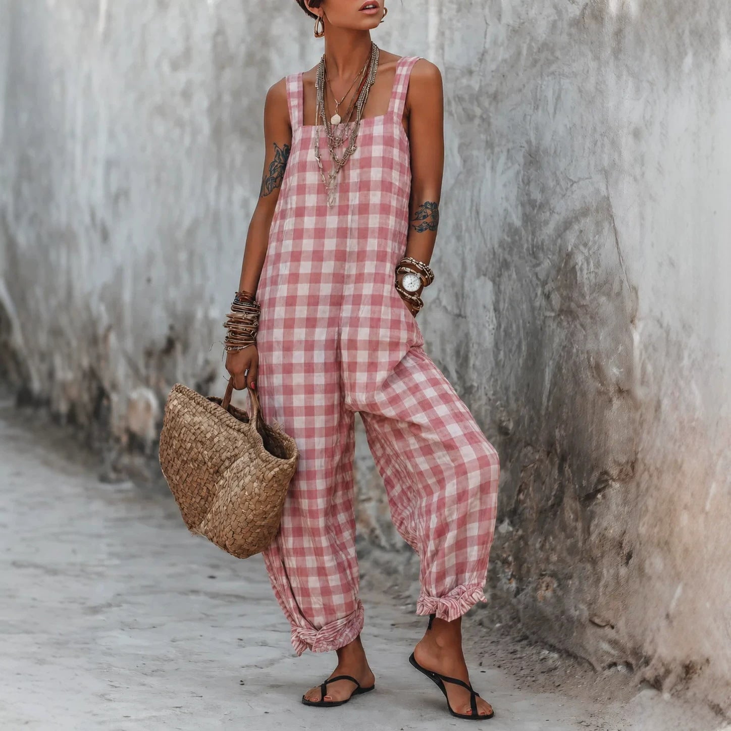 Linen Blend Sleeveless High-Waist Wide-Leg Overalls Jumpsuit – 5 Colors S–3XL