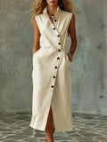 Women's Slim-Fit Sleeveless Stand Collar Pleated Midi Dress