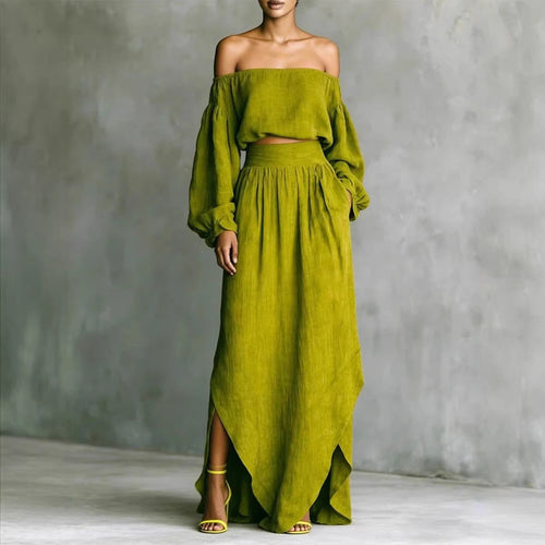 Off-Shoulder Top & Asymmetrical Maxi Skirt Set – Women's 2-Piece Outfit