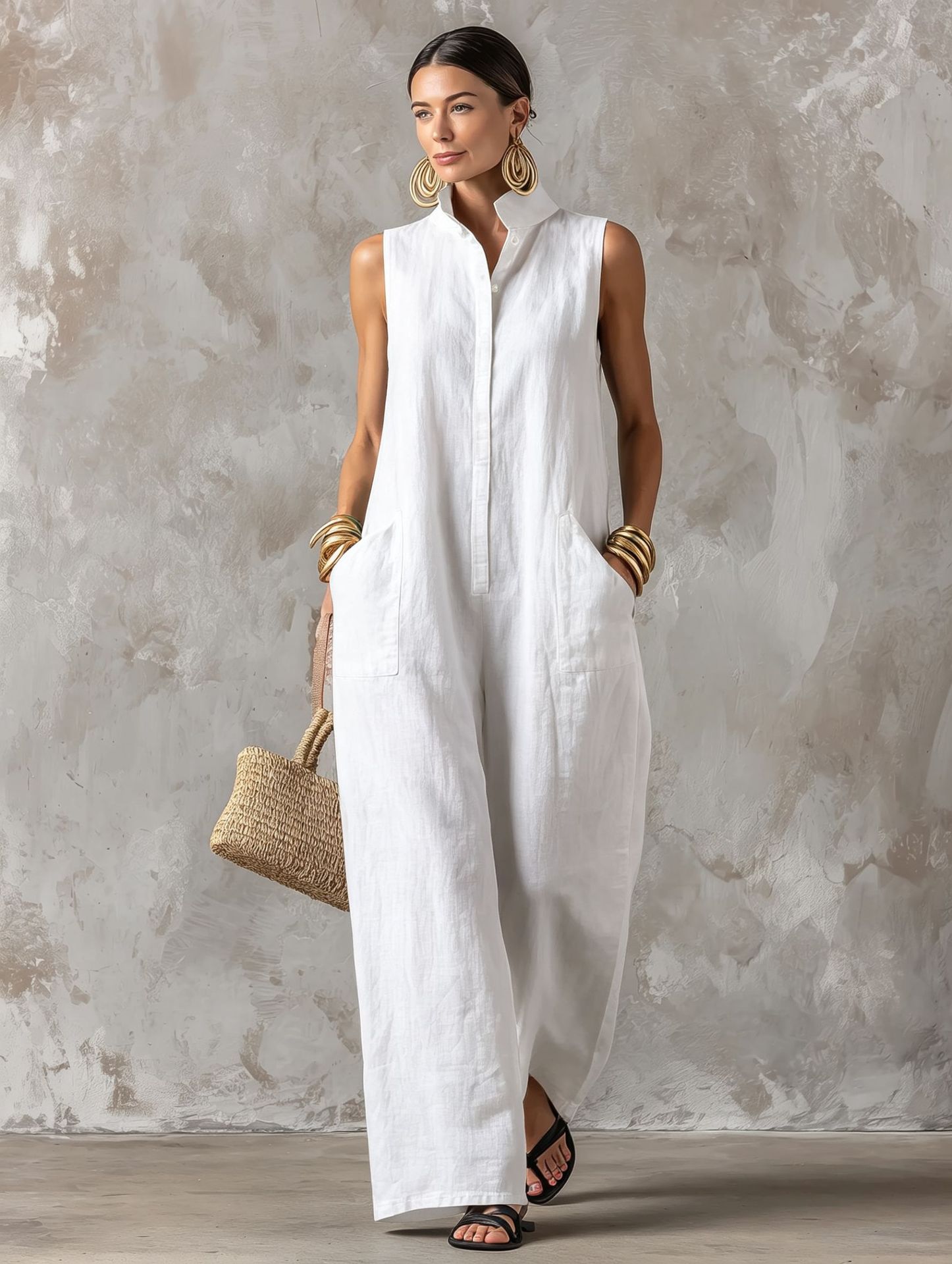 Linen Blend Sleeveless Stand-Collar Jumpsuit – 5 Colors S–3XL