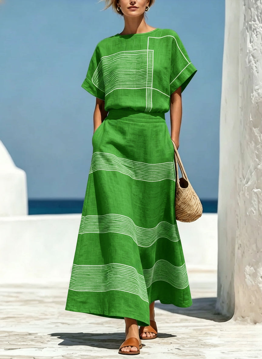Women's Geometric Print Crew Neck Short-Sleeve Cotton-Linen Top & High-Waisted Loose-Fit A-Line Skirt Set