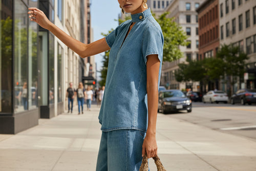 Faux Denim Two-Piece Set – Loose-Fit Short-Sleeve & Pants
