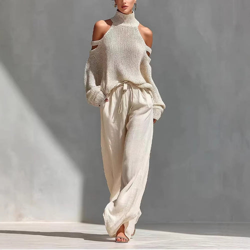 Women's Long-Sleeve Turtleneck Top & Pants Set – Elegant 2-Piece
