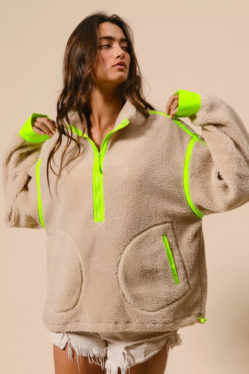 BiBi Contrast Edge Half Zip Up Sherpa Jacket
