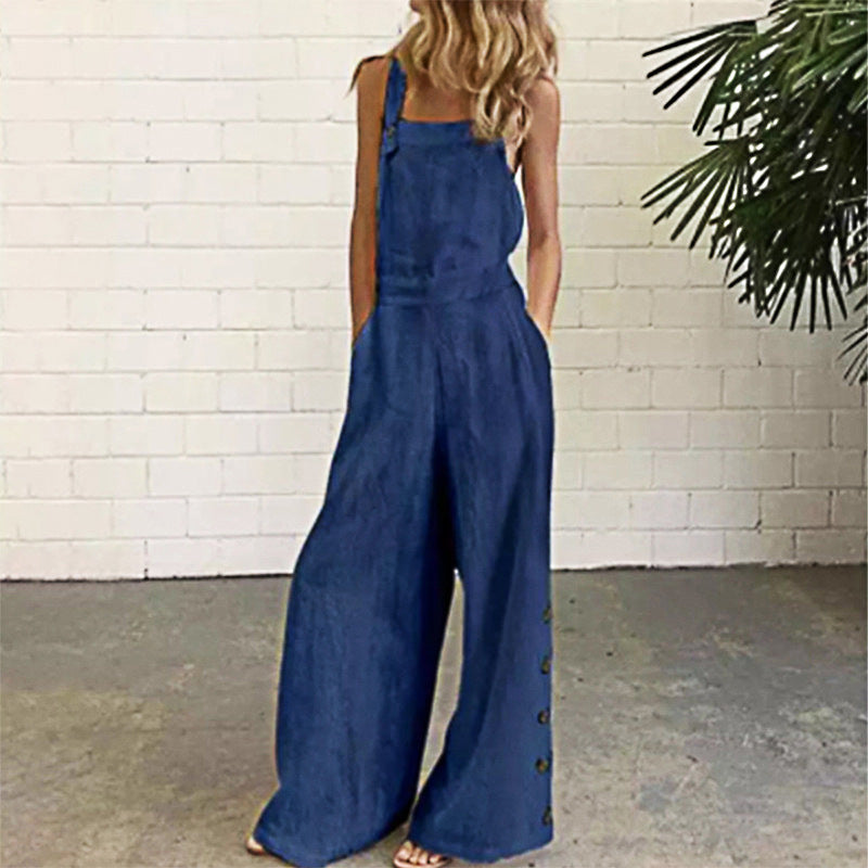 High-Waisted Sleeveless Wide-Leg Denim Jumpsuit – 8 Colors, S–2XL