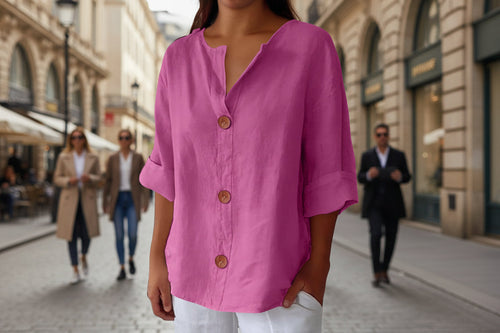 Women's V-Neck Cotton Linen Buttoned Blouse