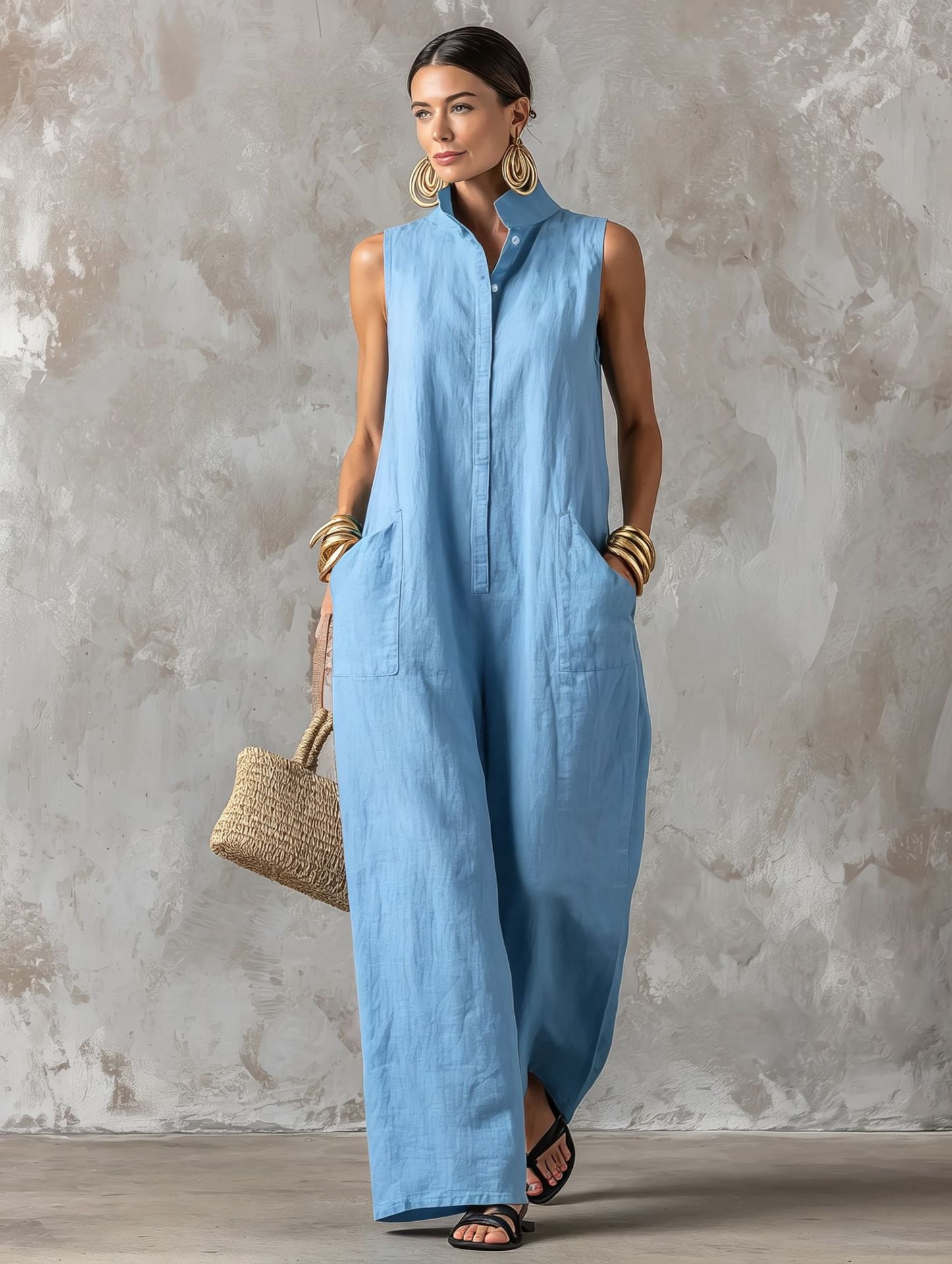 Linen Blend Sleeveless Stand-Collar Jumpsuit – 5 Colors S–3XL