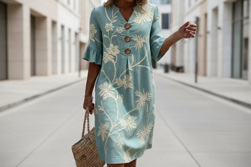 Women's Resort V-Neck Coconut Print Loose Three-Quarter Sleeve Dress