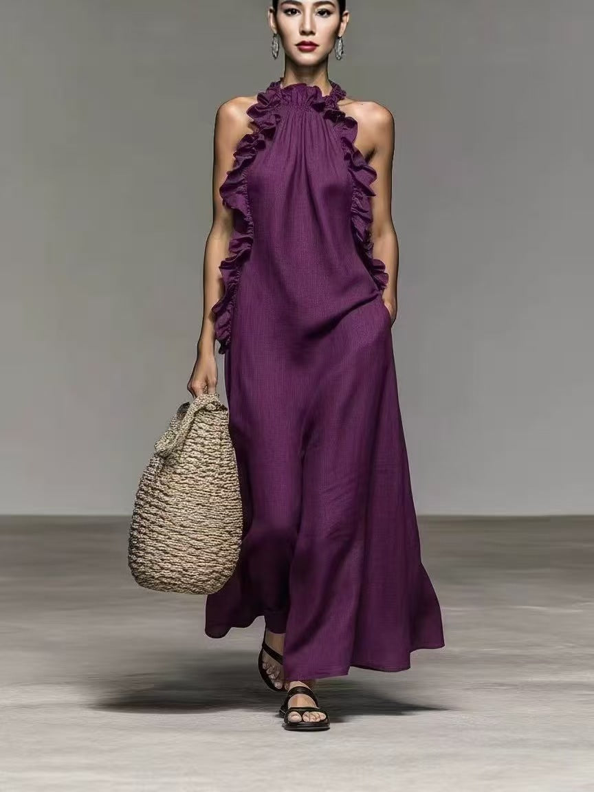 Halter Neck Ruffled Sleeveless Dress – Loose Fit Flowy Dress With Pockets