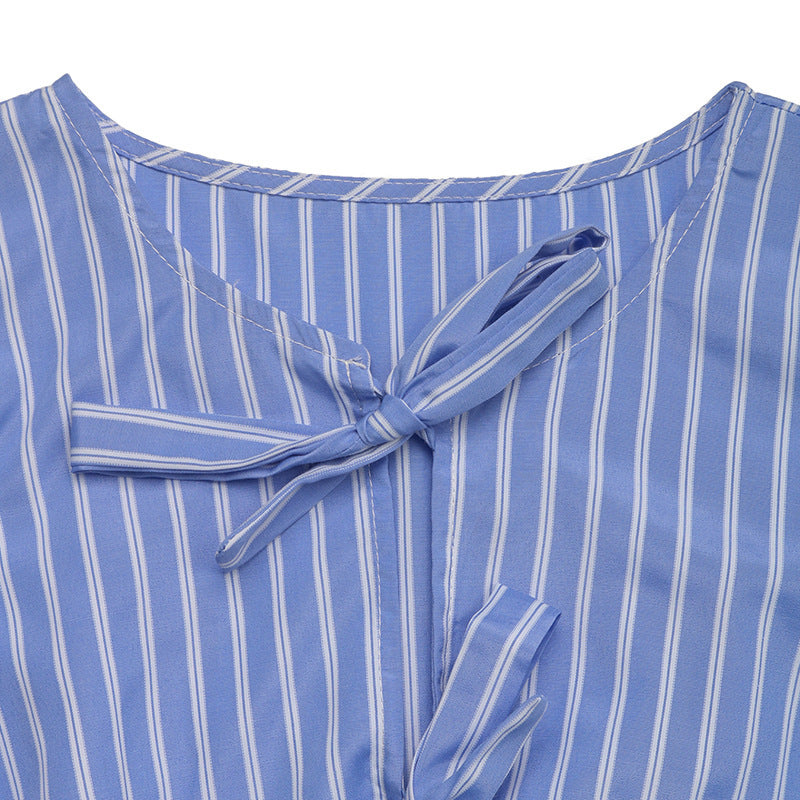 Women’s Striped Tie-Front Puff Sleeve Mini Dress