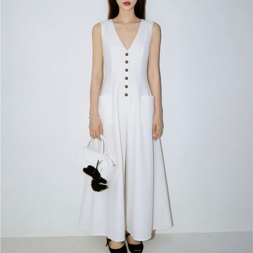 Women's V-Neck Sleeveless Button-Up Pencil Dress