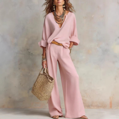 Women's Casual Linen Vacation Set – Three-Quarter Sleeve Top & Full-Length Pants