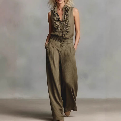 Women’s Linen Blend Two-Piece Set – Sleeveless Shirt & Wide-Leg Pants