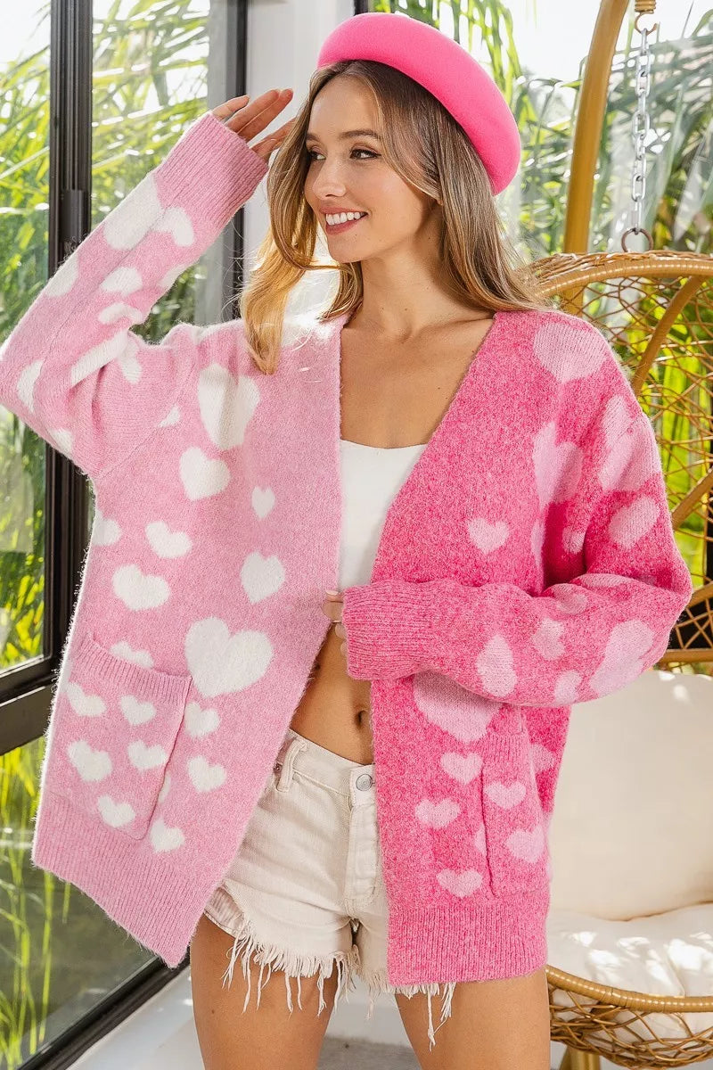 BiBi Heart Color Block V-Beck Knit Cardigan with Pockets