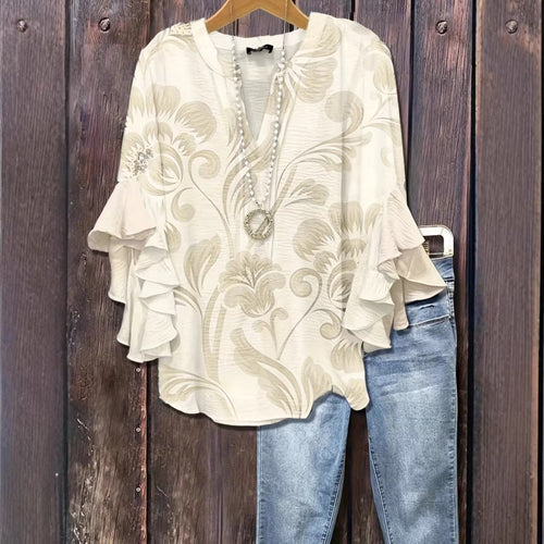 Women's 3D Print Ruffle Sleeve Loose Top – Elegant Urban Style S–2XL