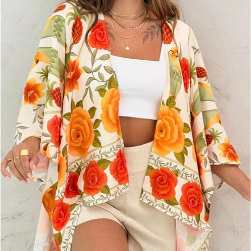 Women’s Printed Cardigan Top with Drop Shoulder Sleeves