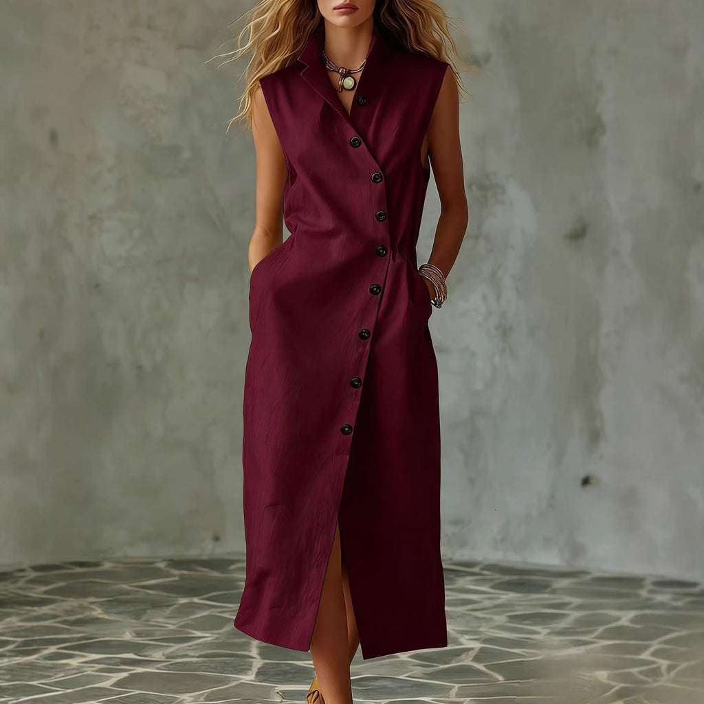Women's Slim-Fit Sleeveless Stand Collar Pleated Midi Dress