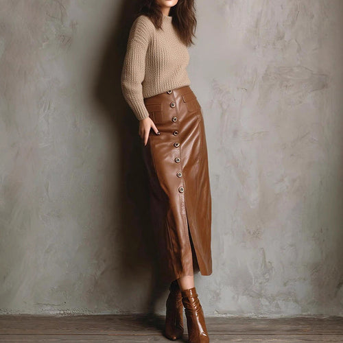 Women’s Faux Leather High-Waisted Bodycon Midi Skirt