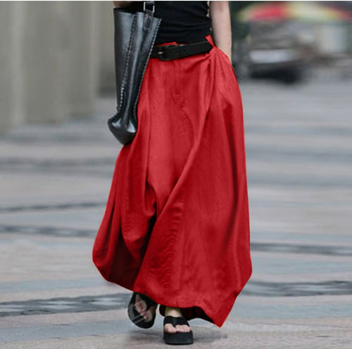 Women's High-Waist Flared Maxi Skirt – Solid Color Cotton Linen with Pockets