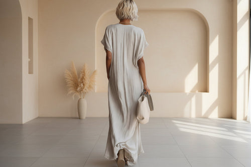 Lace-Trimmed Loose Linen Cotton Long Dress for Women