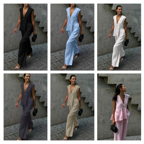 Women’s Cotton V-Neck Sleeveless Vest and Wide-Leg Pants Set