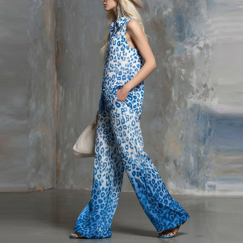 Loose-fit Leopard-print Sleeveless Shirt And Trousers Two-piece Set
