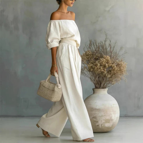 Women's Off-Shoulder Long-Sleeve Top & Wide-Leg Pants Two-Piece Set