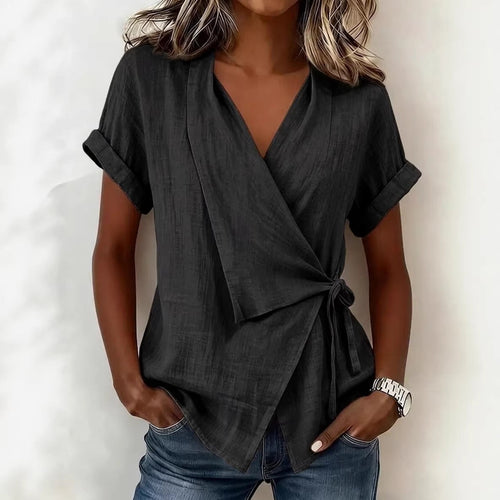 Women's Casual Lapel Collar Lace-Up Short-Sleeve Linen Top