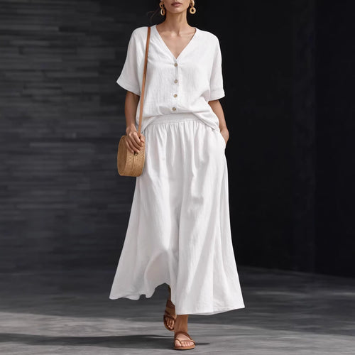Women's Cotton-Linen V-Neck Button-Up Top & Long Skirt Set