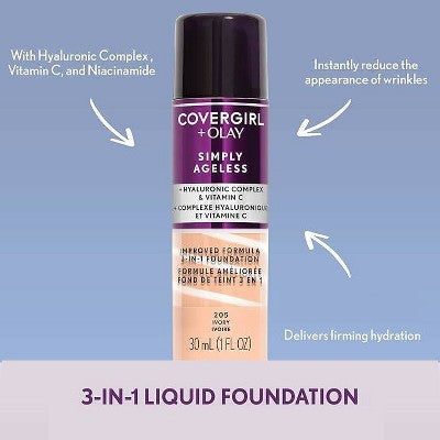 COVERGIRL + Olay Simply Ageless 3-in-1 Liquid Foundation Hyaluronic Complex + Vitamin C 210 Classic Ivory 1 fl oz - Imperfect Container