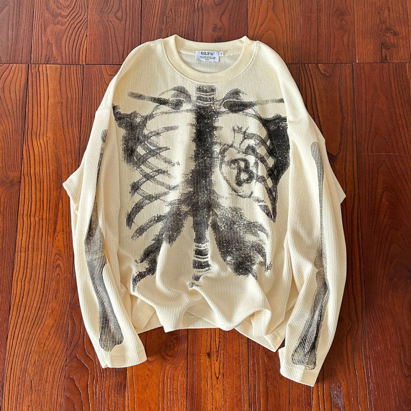 2026 American Gothic Dark Black Skull Print Long Sleeve T-Shirt Unisex Loose Handsome Abbey Top