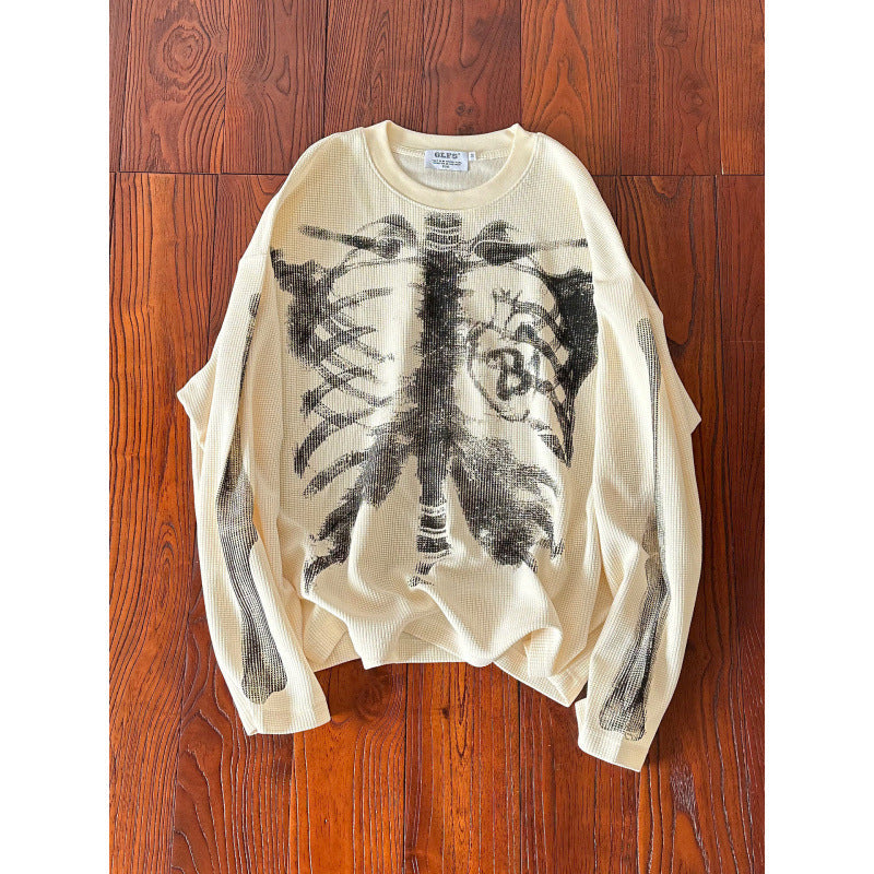 2026 American Gothic Dark Black Skull Print Long Sleeve T-Shirt Unisex Loose Handsome Abbey Top