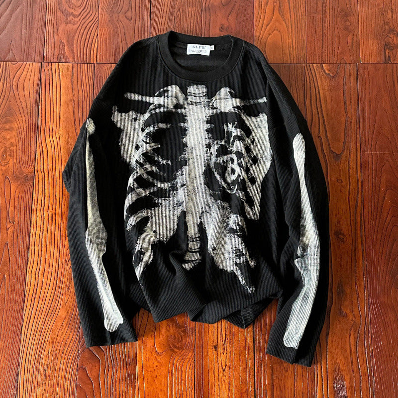 2026 American Gothic Dark Black Skull Print Long Sleeve T-Shirt Unisex Loose Handsome Abbey Top