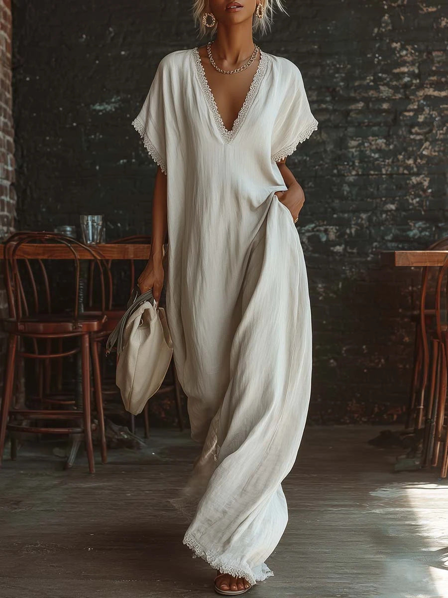 Lace-Trimmed Loose Linen Cotton Long Dress for Women