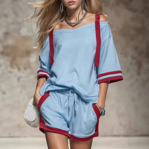 Women's Summer Contrast Color-Block Patchwork Shorts Set – 2-Piece