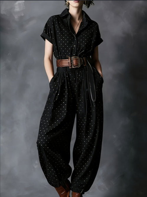 Notched Lapel Wide-Leg Checkered Jumpsuit for Women