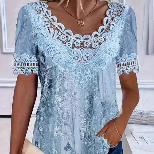 Women's Lace Patchwork Crew Neck Short Sleeve T-Shirt