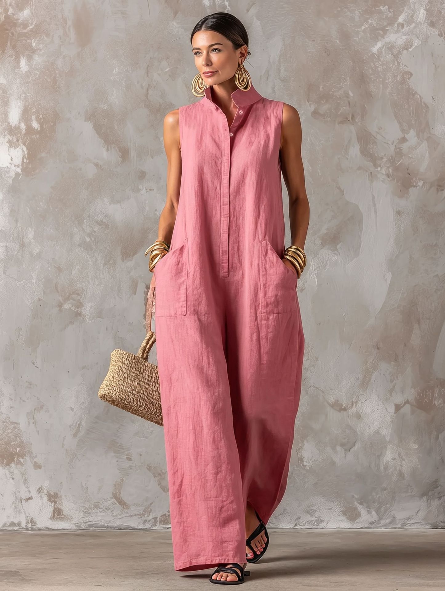 Linen Blend Sleeveless Stand-Collar Jumpsuit – 5 Colors S–3XL
