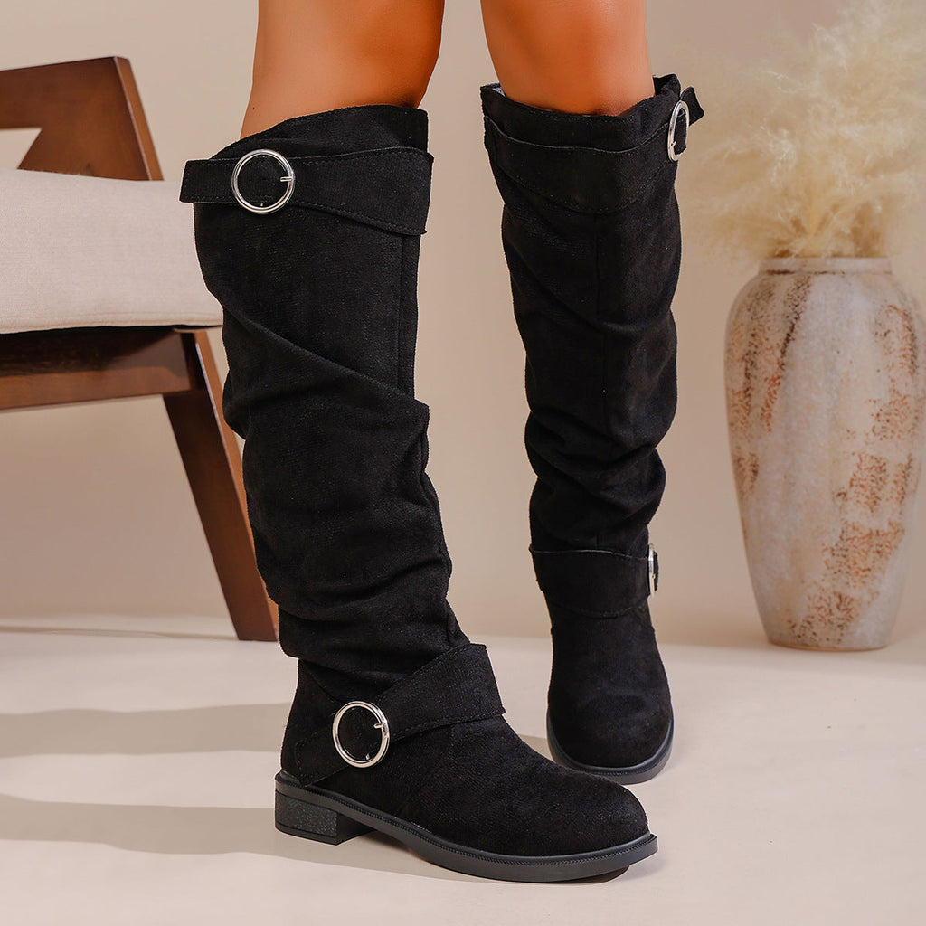 Pleated Flat-Bottom Western Cowboy Boots with Belt Buckle