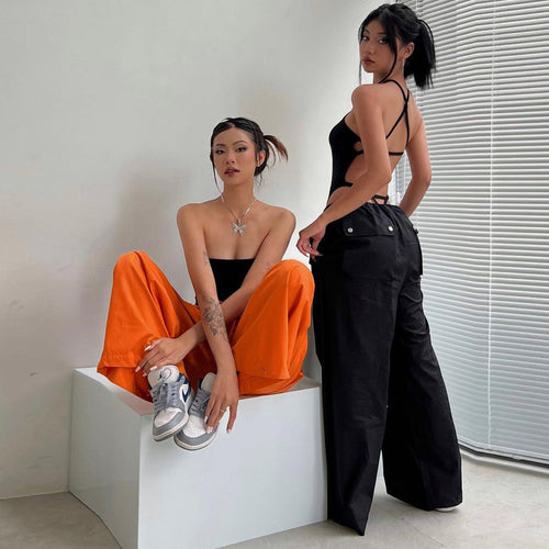 Women's High-Waist Lace-Up Straight-Leg Cargo Pants – Loose Fit
