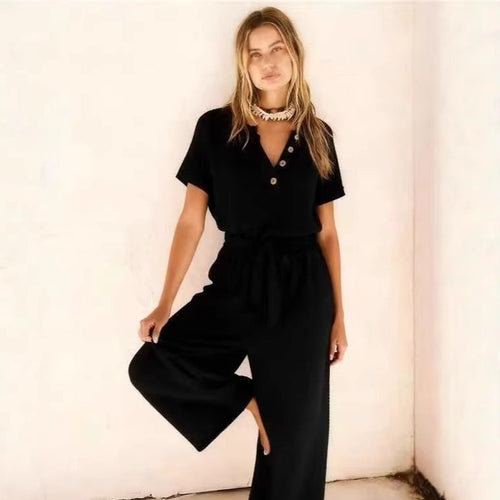 Women's Loose V-Neck Lace-Up Jumpsuit – Wide-Leg Pocket One-Piece