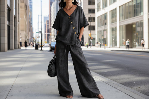 Women's Loose Cotton-Linen V-Neck Top & Wide-Leg Pants Set