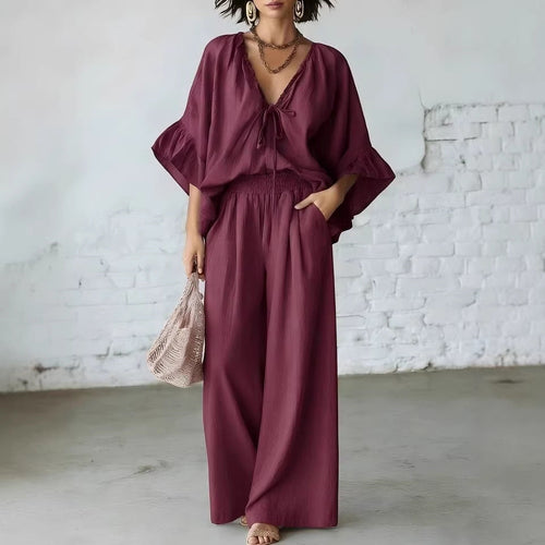 Women's Loose-Fit V-Neck Top & Wide-Leg Pants Two-Piece Set
