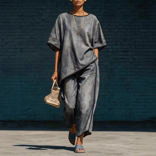 Women's Denim-Style Knit Top & Wide-Leg Pants Set – Casual 2-Piece