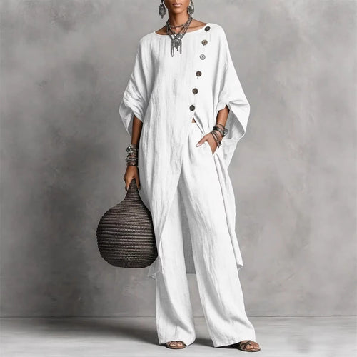 Women's Drop Shoulder Three-Quarter Sleeve Irregular Shirt & Pants Set