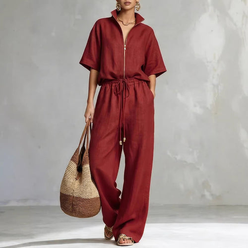 Women's Zip-Up Crew-Neck Top & Wide-Leg Pants Set