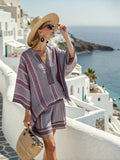 Women's Cotton Striped V Neck Top and Shorts Set