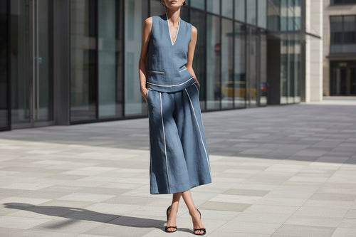 Women's Sleeveless Linen Shirt & Cropped Pants Set – Casual 2-Piece Outfit