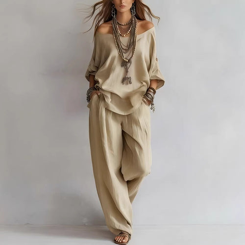 Women's Off-Shoulder Top & Wide-Leg Pants Set
