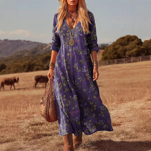 Women's Retro Chic 3D Print V-Neck Long-Sleeve A-Line Dress